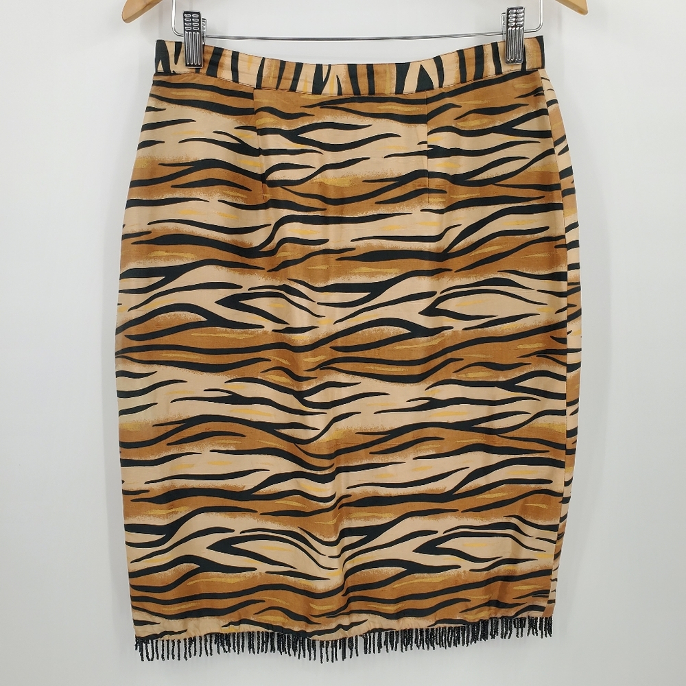 ♧♧ SilkLand Tiger Print Pencil Skirt with Beaded Fringe Size 10 Black and Brown